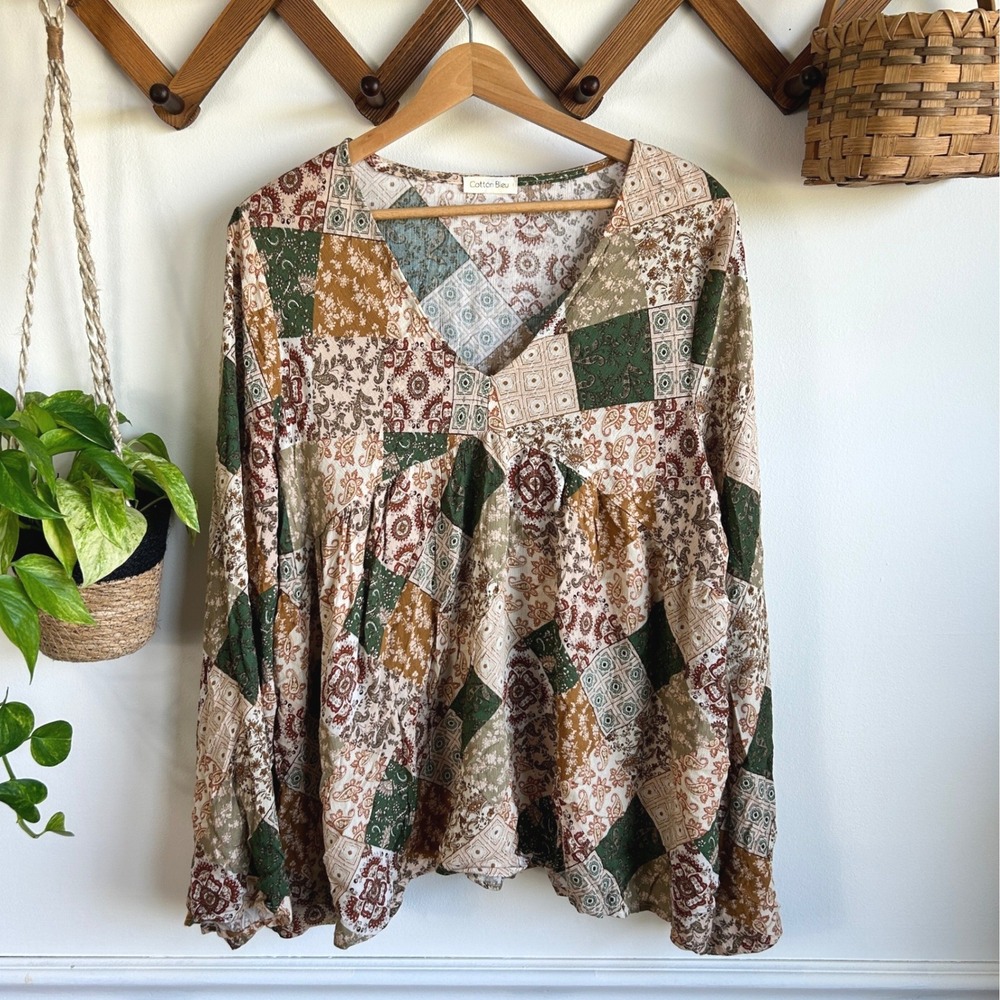 Cotton Bleu Boho XL Patchwork Paisley Babydoll Blouse Green Rust Bell Sleeve